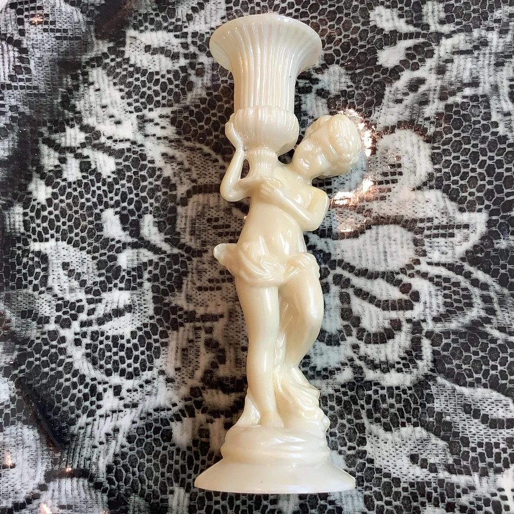 Vintage Plastic Cherub Statue Candlestick Candle Holder + Battery Candle RIBBON